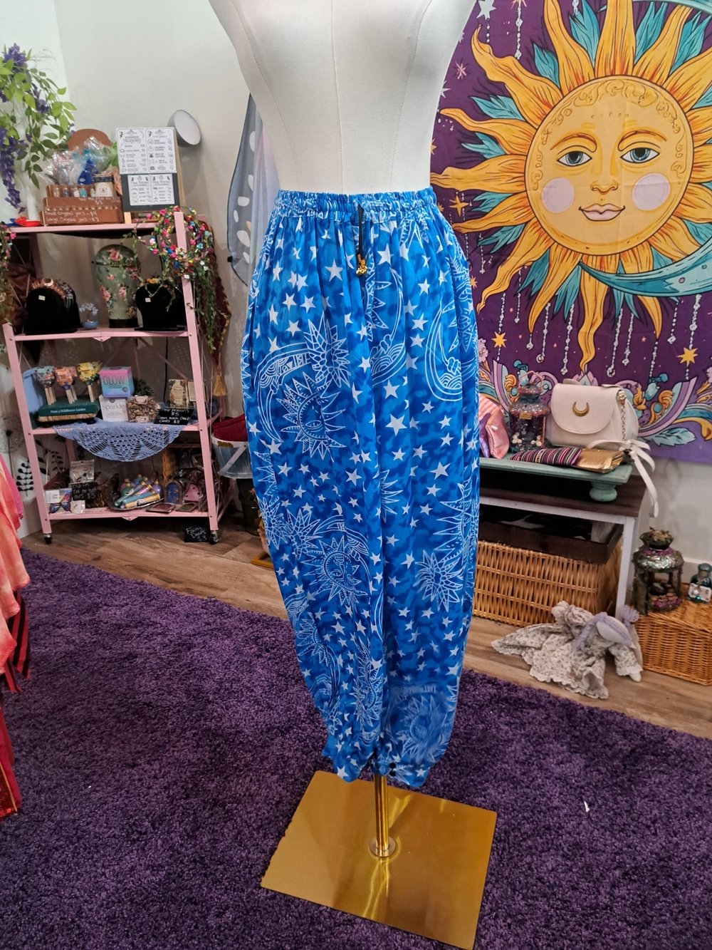 Starspell Harem Pants • Celestial Sun Moon Print • NWOT